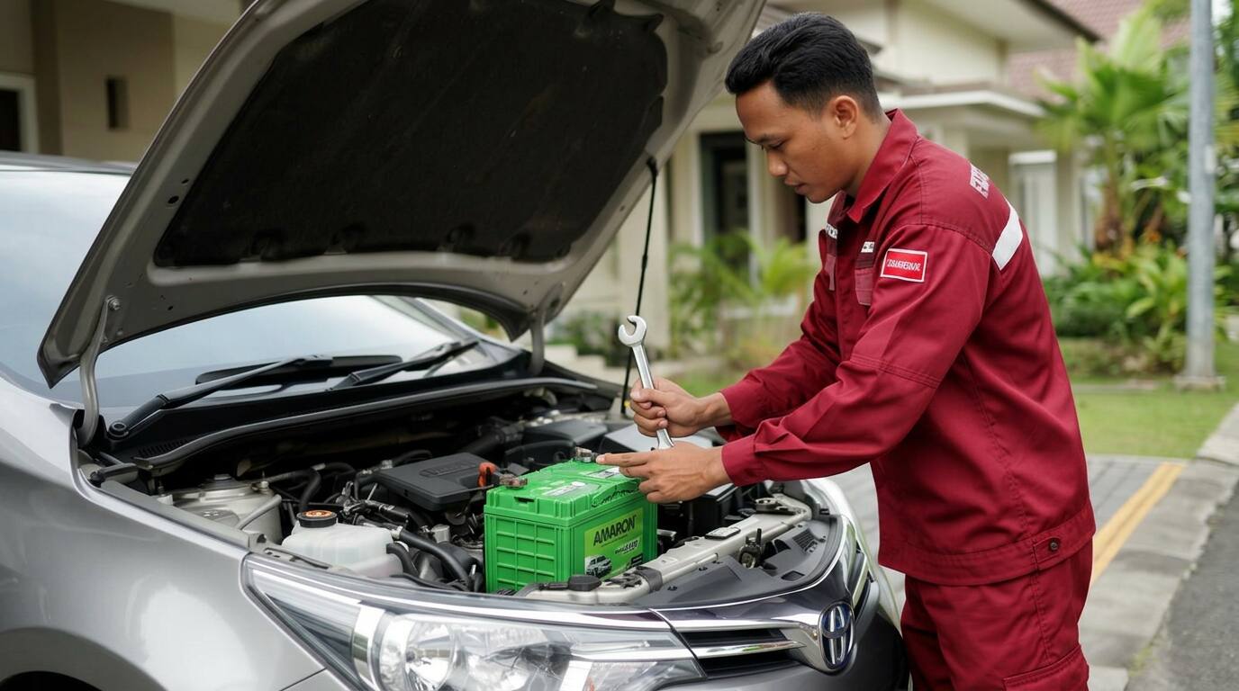 Teknisi premium memasang aki di rumah pelanggan